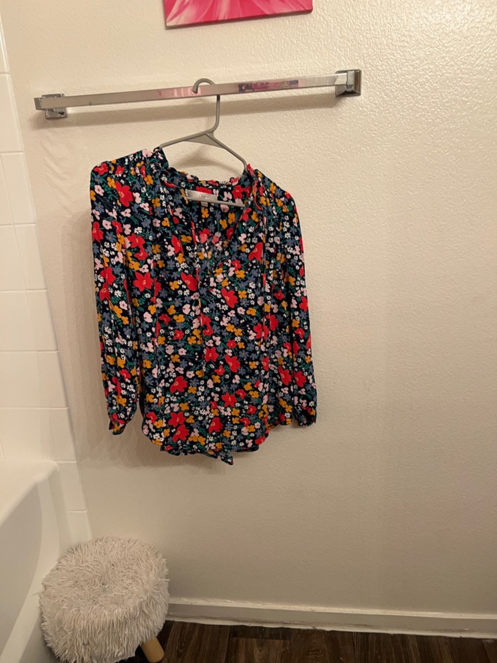 LOFT Navy Floral V-Neck Blouse with Red, Yellow & Pink Flowers